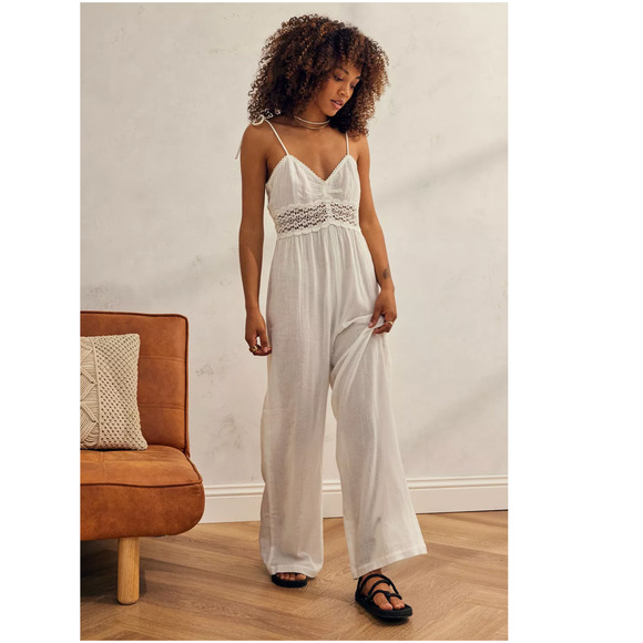 Urban Outfitters Pants - Urban Outfitters Jumpsuit White Wide Leg Gauze Cotton Crochet Cottagecore L NWT